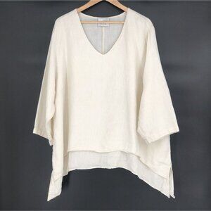 La Fixsun Women's V-Neck Double Layer Tunic Top 1X Ivory 100% Linen Lagenlook